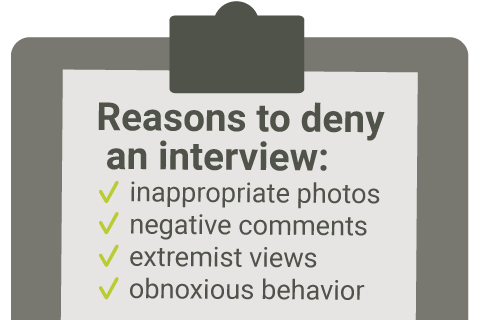 Reasons to deny an interview: inappropriate photos, negative comments, extremist views, obnoxious behavior